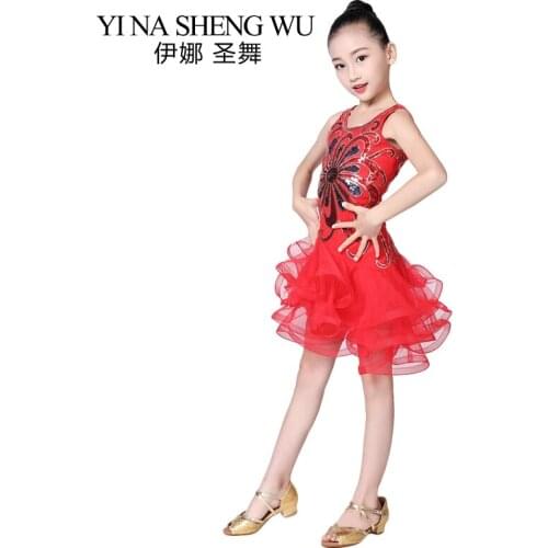 New Children Latin Dance Skirt Sequins Mesh Latin Dance Stage Performance Clothing 1Pc Girls Latin Tango Salsa Competition Dress