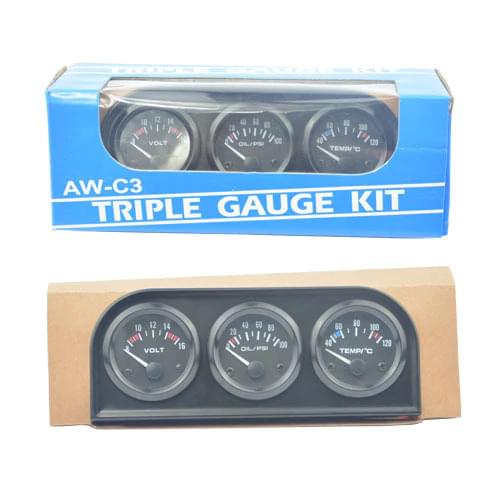 New 3 in 1 Triple Gauge Kit Black Color With Temp & Pressure Sensor(Water Temp Gauge +Volts Gauge+ Oil Pressure Gauge)