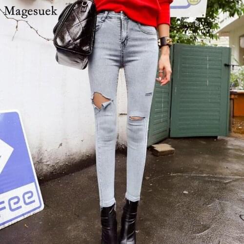 Autumn Fashion Cotton High Waist Jeans Women Korean Vintage Blue Skinny Ripped Jeans For women Casual Denim Trousers Women 10416