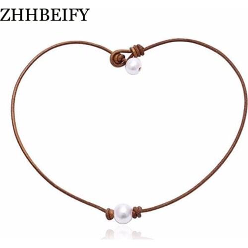 Single Cultured Freshwater Pearl Necklace Adjustable Choker Genuine Leather Handmade Jewelry