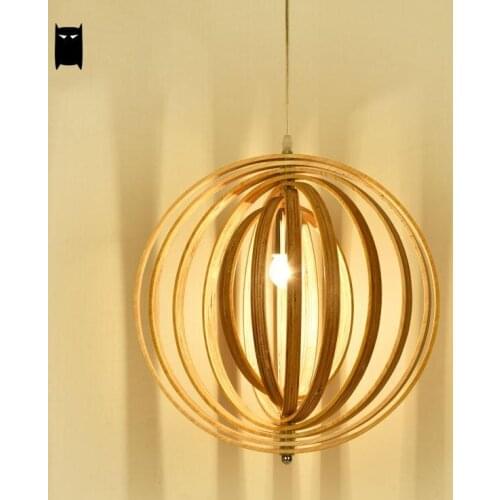 Oak Wood Round Sphere Globe Ball Pendant Light Fixture Rustic Korean Japanese Style Hanging Ceiling Lamp Home Living Dining Room