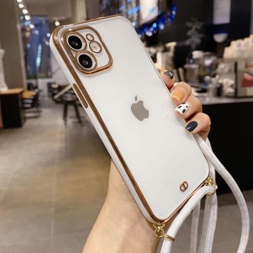 Crossbody Necklace Cord Lanyards Transparent Phone Case For iPhone 12 11 Pro Max XR X XS Max 7 8 Plus Plated Gold Silicone Cover