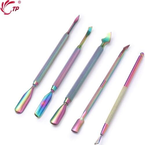 Rainbow Stainless Steel Nail Cuticle Pusher Scraper Spoon Polish Remover Tweezers Rhinestone Picker Non-slip Manicure Care Tools