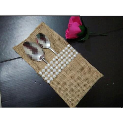 Luxurious Burlap Silverware Holder Decorated with White Pear Cutlery Pouch Sleeve - Wedding Rustic Menu -Wedding Table Setting