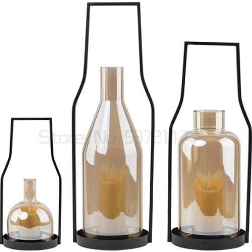 Nordic iron glass outdoor windproof Candlestick household hotel home stay wind lamp Candlestick decoration
