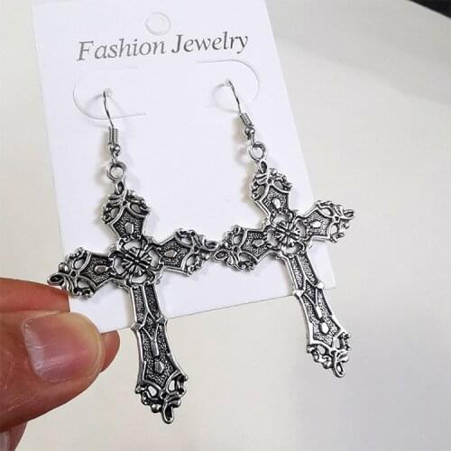 Retro Gothic Cross Earrings Fashion Personality Womens Silver Plated Earrings Trend Punk Womens Nightclub Party Jewelry