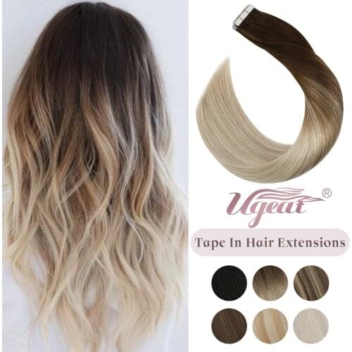 [Balayage Color] Ugeat 12-24'' Tape in Hair Extensions 100% Human Hair 20pcs Seamless Invisible Skin Weft Hair 2.5g/pcs 50G