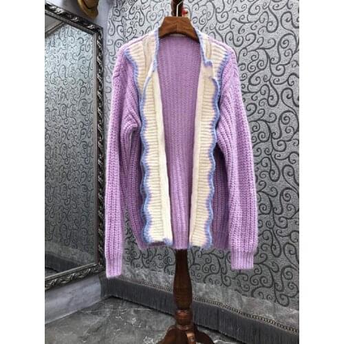 High Quality Wool Cardigans 2021 Autumn Winter Knitwear Women Wool Cotton Twist Knitting Long Sleeve Casual Purple Cardigan Coat