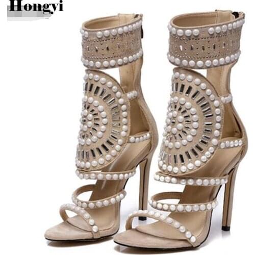 Summer New Fashion Women Sandals Pearl Uper High Top Thin Heel Lady Shoes Big Size T Show Catwalk Female Footwear Cover Heeled