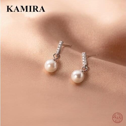 KAMIRA 925 Sterling Silver Geometric Pearl Pave Zircon Tassel Stud Earrings for Women Sweet Simple Fine Jewelry Accessories Gift
