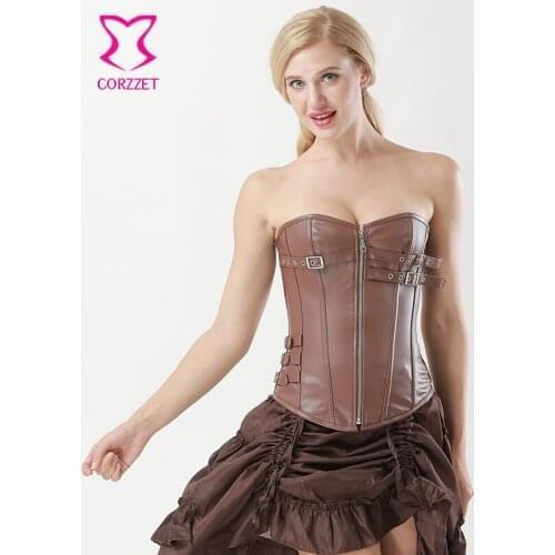 6XL Plus Size Corset Steampunk Clothing Women Brown Leather Overbust Sexy Corsets and Bustiers Gothique Corsage Korset Corpete