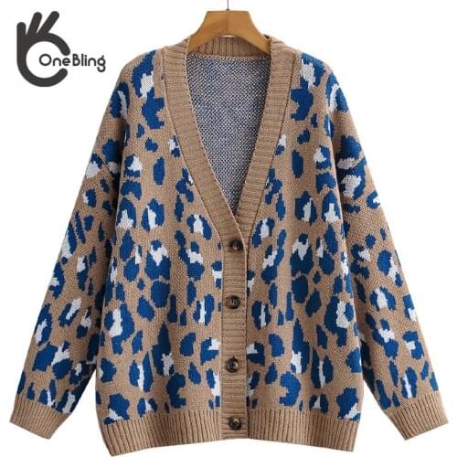 OneBling 2021 Za Woman Casual Traf Jacket Autumn Blue Leopard Jacquard Knit Cardigan Drop Shoulder V Neck Loose Sweaters Female