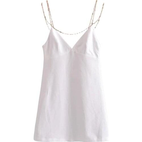 Summer Women White Color Strap Beading Mini Dress Sexy Sleeveless Backless Party Dress Female Casual Solid Sundress