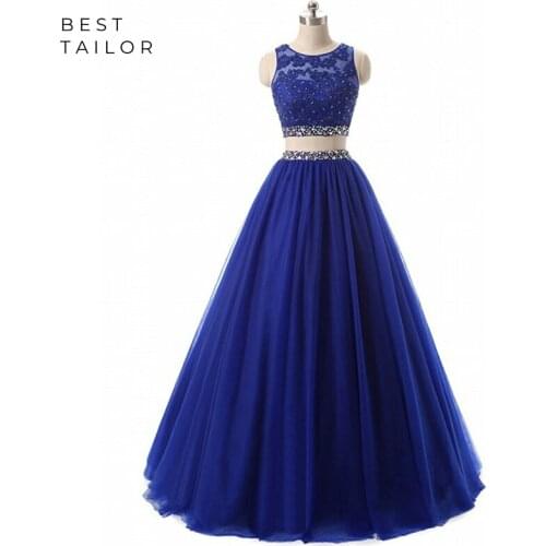 Two Pieces Prom Dresses 2021 Navy Blue Beaded Separate Crystals Lace Top Keyhole Back vestido de fiesta largos elegantes de gala