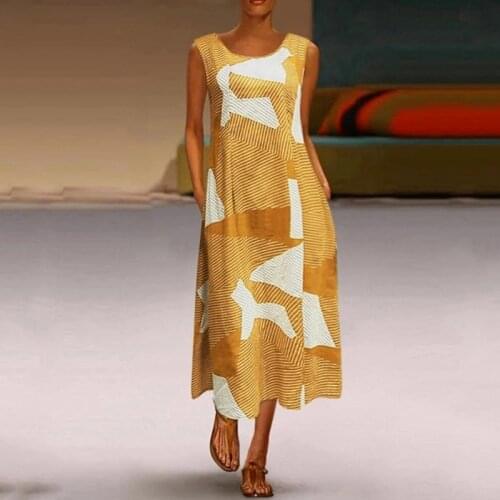 Summer Retro Dress Printing Daily Casual Sleeveless Retro Bohemian O-neck Printed Dress Office Temperament Ladies Dress Robe New