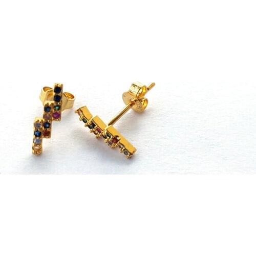 10 Pairs New Fashion Gold Color lightning shape Earrings,Micro Pave Colorful Rainbow CZ Zirconia Tiny mini cute jewelry ER932