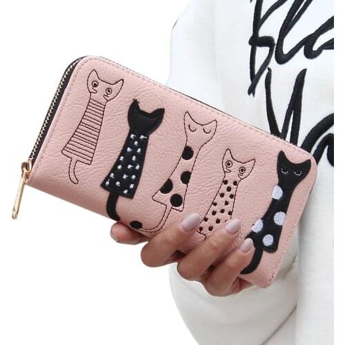 2019 Luxury High Quality Women Cat Cartoon Wallet Creative Female Card Holder Casual Zip Ladies Clutch PU Leather Coin Purse