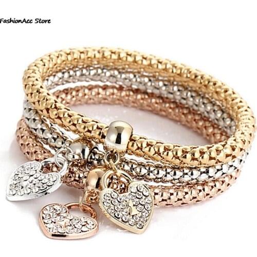 3pcs/set Fashion Heart Shape Charm Bracelet Female Rhinestone Elastic Zinc Alloy Rose Gold/New Plated Bracelet PopCorn Chain
