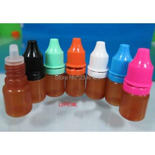 5ML 100pcs/lot PE Plastic Eye Liquid Dropper Bottle, Brown Round Soft E Liquid Refillable Storage n Short Tip, E juice Bottle