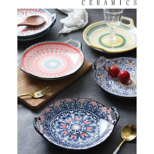 Bohemian Binaural Plate Foreign Trade Creative Ceramic Plate Household Soup Plate Dish Plate Dish Hand-painted Retro Underglaze