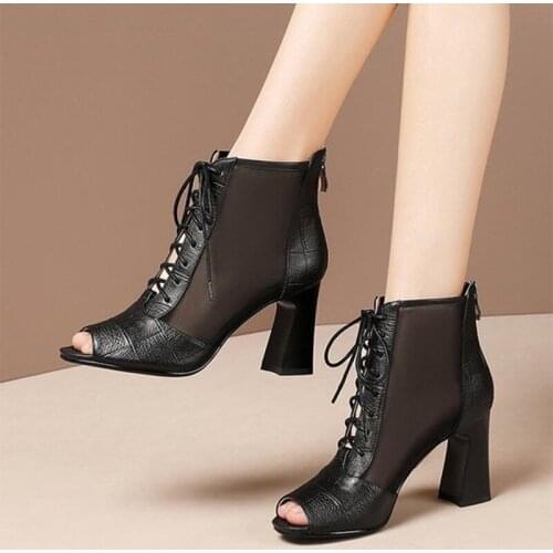 Women Ankle Boots Summer Sexy High Heels Ladies Fashion Peep Toe PU Lace-Up Shoes Female Comfortable Mesh Party Sandals 2021 New
