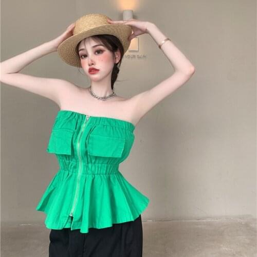 Korean Elastic Solid Summer Womens Tops Slim Waist Pocket Wrapped Chest Vintage Zipper Sweet Camis Sleeveless Short Top Femm