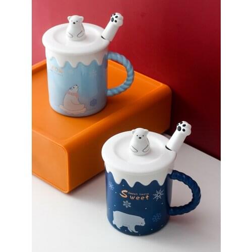 Creative cute polar bear mug cartoon ceramic coffee cup with lid spoon breakfast milk mug office couple breakfast cup 380ml