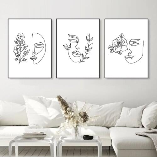 Line Woman Faces Wall Art Flowers Leaves Female Portrait Poster Print Picture Canvas Painting Minimalist Living Room Decoretion