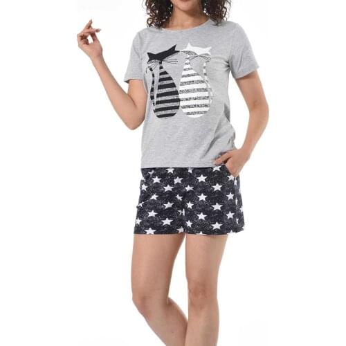 Cat Print Cute Women Pyjamas Set Pajamas Short Sleeve Top Summer Sleepwear Round Neck Cotton Nightwear Set 2021 Fashion