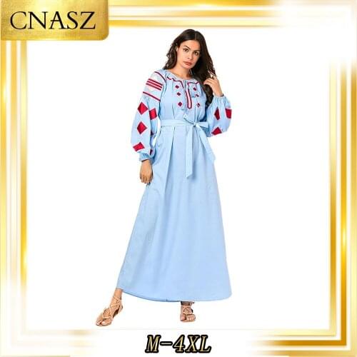 Muslim Dress Women Fashion Large Size Autumn Moroccan Kaftan Light Blue Embroidered Arabian Dress Casual Musulman Dress