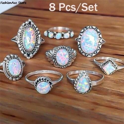 2021 Fashion New 8Pcs Rings Set Natural Fire Opal Ring Wedding Engagement Set Geometric Rings Set