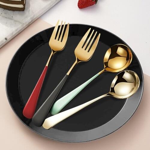 Stainless Steel Round Spoon Tip Fork Adult Children Tableware Portable Picnic Travel Dinnerware Kitchen Utensils with Box