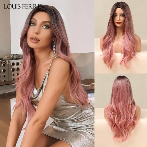 LOUIS FERRE Middle Part Long Natural Wave Hair Synthetic Wigs Golden Brown Pink Cosplay Wigs for Black Women Heat Resistant