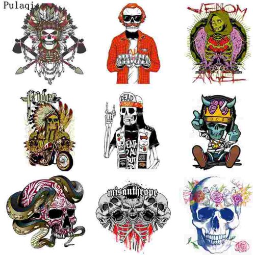 Pulaqi Skull Locomotive Iron on Transfer Heat Vinyl Transfer Patches for Clothes Stranger Thing Thermal Ironing Sticker Applique