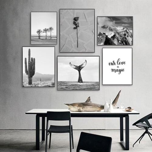 Scandinavian Landscape Posters and Prints Black and White Flower Cactus Quote Canvas Painting Modern Wall Picture For Home Decor