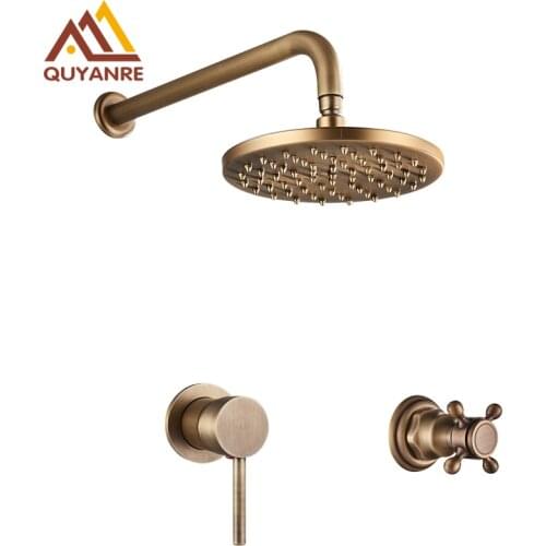 Quyanre Antique Brass Concealed Shower Facuet Rainfall Shower Single Dual Handles Mixer Tap Hot Cold Water Mixer Tap Bath Shower