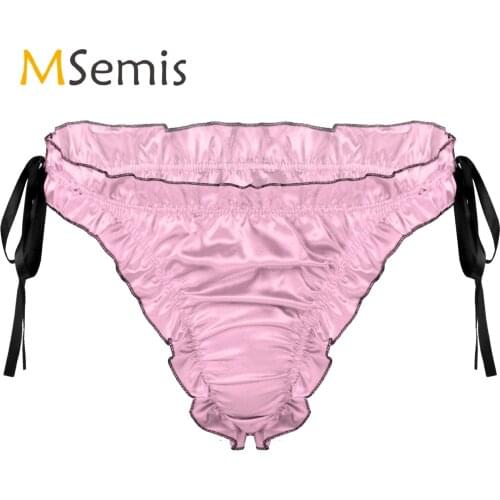 Mens Lingerie Lace Sissy Panties Low Rise Ruffles Satin Bulge Pouch Briefs Underwear Breathable Lace-up Pleated Trim Underpants