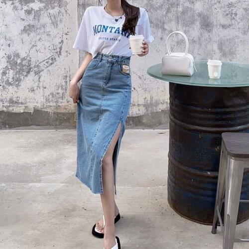 Ailegogo New Summer Women Mid-calf Retro Split Blue Denim Skirts Streetwear Female Medium Hole A-line Tassel Ladies Jeans Skirt