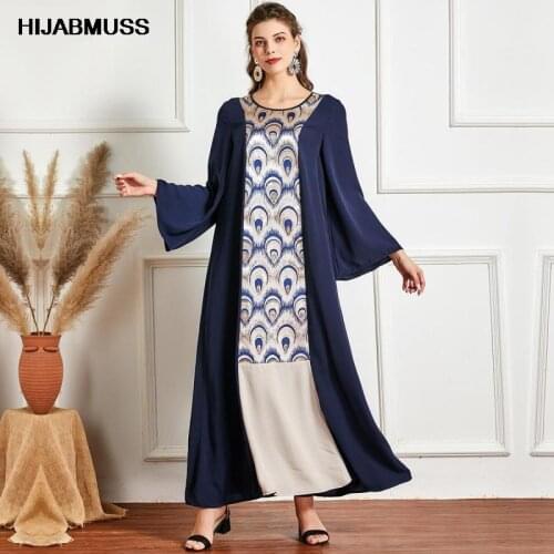 Temperament Female Round Neck Long Sleeve Fashion Contrast Color Stitching Long Skirt Oversized Woman Muslim Clothes