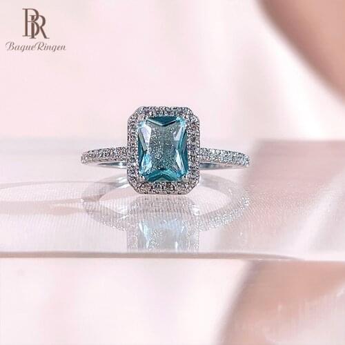 Bague Ringen Classical Design 925 Silver Ring Fine Jewelry Square Blue Topaz Aquamarine Ladys Engagement Ring Size5-9 Wholesale