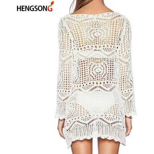 Summer Sexy Lace Hollow Knit Dress Crochet Beach Dress Round Neck Long Sleeve White Women Dress Vestidos