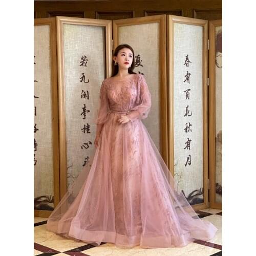 Pink Fashion Long Sleeve A-line With Belt Ladies Evening Party Dark Gowns For Party Women Wedding Formal