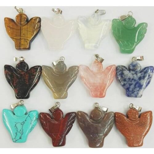12pcs/lot Natural stone pendant 2016 fashion Angel Wing charm Necklaces pendants for jewelry making free shipping Wholesale