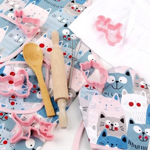 13 Pcs Cooking Baking Set Apron For Little Girls Kids Chef Hat Mitt & Utensil For Toddler Dress Up Chef Costume Role Play