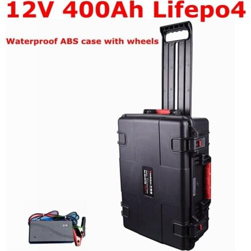 Waterproof 12V 400AH Lifepo4 battery lithium BMS with wheel trolley case easy carry for Solar System UPS caravan +20A Charge