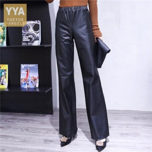 Office Ladies Lengthen Cowhide Genuine Leather Pants Women Elastic Waist Slim Fit Straight Trousers Casual Streetwear Pants 5XL