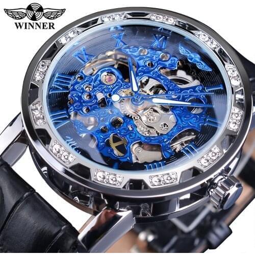 Winner 2018 Fashion Diamond Design Blue Hands Luminous Design Mens Mechanical Watches Top Brand Luxury Skeleton Clock Male