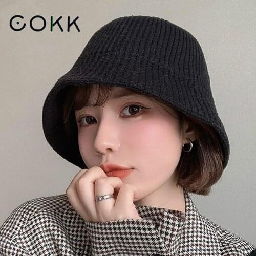 COKK Bucket Hats For Women Autumn Winter Solid Striped Fisherman Caps Knitted Bucket Hat Female Simple Warm Korean Fashion Gorro