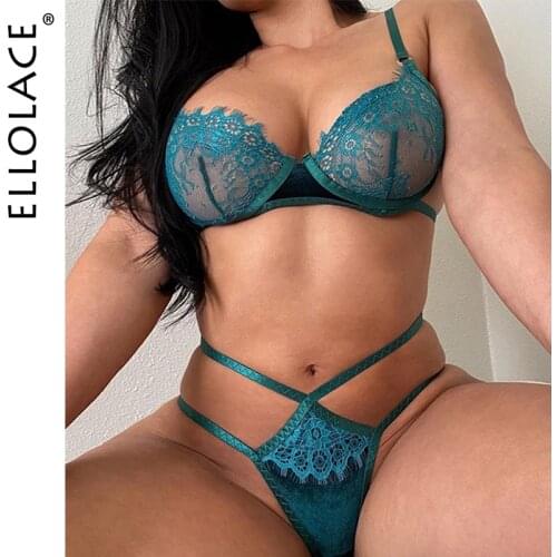 Ellolace Lace Sensual Erotic Lingerie Push up Underwire Bra Set Woman 2 Pieces Solid Lace g-Strings Thongs Sexy Velvet Underwear