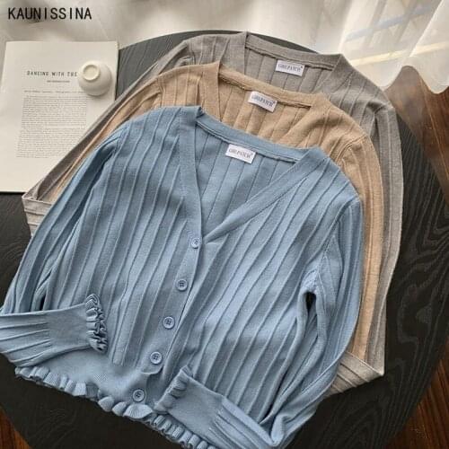 Women Korean Long Sleeve Cardigan Summer Cropped Cardigan Knitted V neck Thin Solid Color Single Breasted Sweater Coat